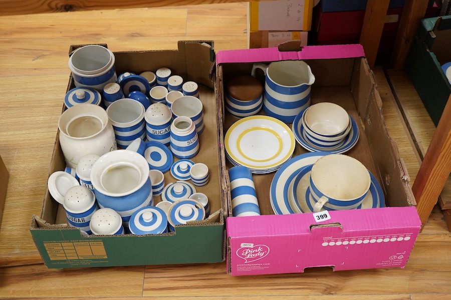 A large collection of Cornishware, cheese dome, butter, sugar, dishes etc